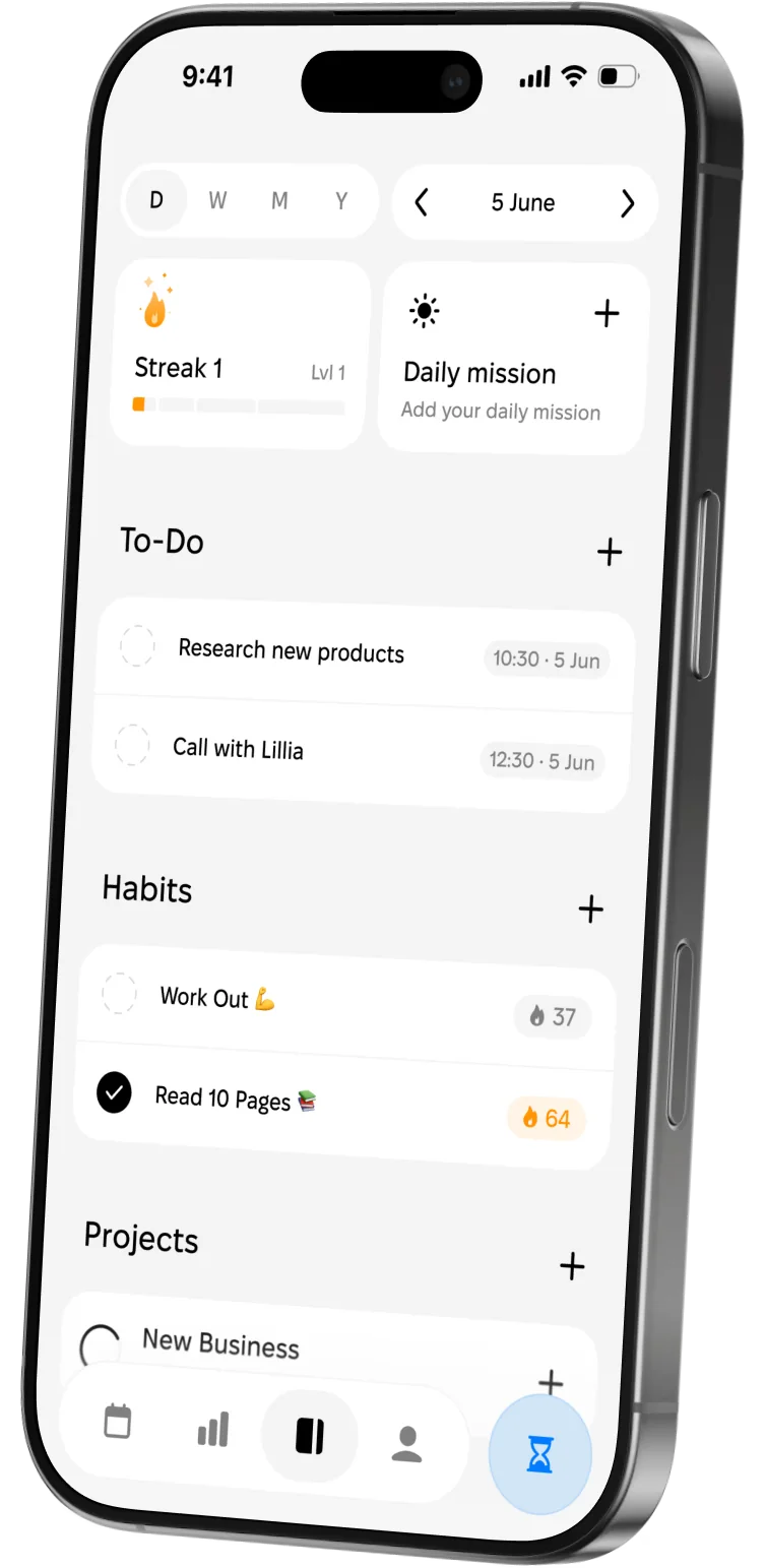 Growy app home screen showing tasks, habits, and projects on iPhone